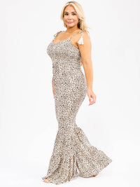 PLUS SIZE SLEEVELESS V-NECK ANIMAL PRINT BELL LEG JUMPSUIT