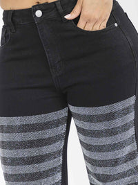WOMEN'S BUTTON CLOSURE POCKETS WIDE LEG STRETCH RHINESTONES DENIM PANTS