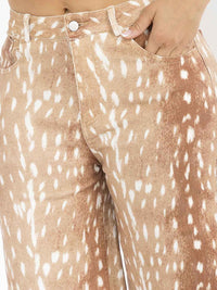 WOMEN'S BUTTON CLOSURE POCKETS WIDE LEG STRETCH PRINT DENIM PANTS