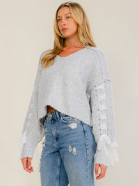 WOMEN'S LONG SLEEVE V-NECK LACE UP PULLOVER SWEATER