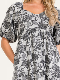 WOMEN'S SHORT PUFF SLEEVE FRONT POCKETS ELASTIC WAIST FLORAL PRINT MAXI DRESS