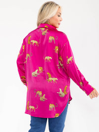 PLUS SIZE LONG SLEEVE V-NECK HIGH-LOW MULTI PRINT BLOUSE