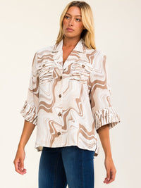 WOMEN'S 3/4 SLEEVE BUTTON UP FRONT POCKETS MULTI PRINT BLOUSE