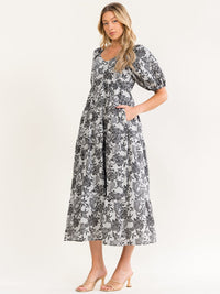 WOMEN'S SHORT PUFF SLEEVE FRONT POCKETS ELASTIC WAIST FLORAL PRINT MAXI DRESS