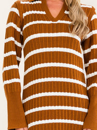 WOMEN'S LONG SLEEVE V-NECK COLORBLOCK STRIPES SWEATER BODYCON MIDI DRESS