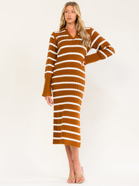 WOMEN'S LONG SLEEVE V-NECK COLORBLOCK STRIPES SWEATER BODYCON MIDI DRESS