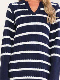 WOMEN'S LONG SLEEVE V-NECK COLORBLOCK STRIPES SWEATER BODYCON MIDI DRESS