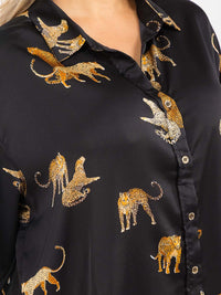 PLUS SIZE LONG SLEEVE V-NECK HIGH-LOW MULTI PRINT BLOUSE