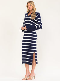 WOMEN'S LONG SLEEVE V-NECK COLORBLOCK STRIPES SWEATER BODYCON MIDI DRESS