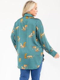 PLUS SIZE LONG SLEEVE V-NECK HIGH-LOW MULTI PRINT BLOUSE