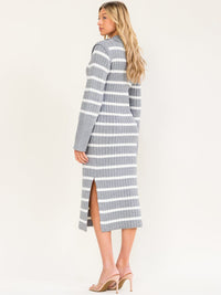 WOMEN'S LONG SLEEVE V-NECK COLORBLOCK STRIPES SWEATER BODYCON MIDI DRESS
