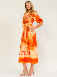 WOMEN'S SHORT SLEEVE BUTTON UP SELF TIE POCKETS MULTI PRINT MAXI DRESS