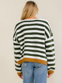 WOMEN'S LONG SLEEVE V-NECK COLORBLOCK STRIPES PULLOVER SWEATER