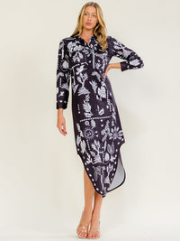 WOMEN'S LONG SLEEVE BUTTON UP FRONT POCKETS MULTI PRINT MAXI DRESS