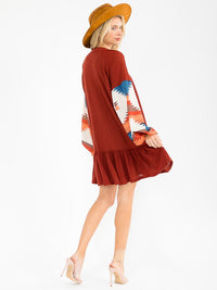 WOMEN'S LONG PRINT SLEEVE V-NECK LOOSE FIT MINI DRESS