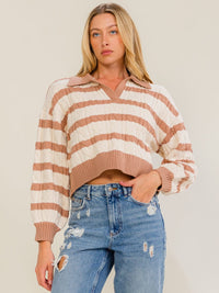 WOMEN'S LONG SLEEVE V-NECK COLORBLOCK STRIPES PULLOVER CABLE KNIT SWEATER