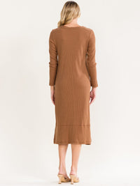 WOMEN'S LONG SLEEVE BUTTON UP RIBBED MIDI DRESS