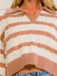 WOMEN'S LONG SLEEVE V-NECK COLORBLOCK STRIPES PULLOVER CABLE KNIT SWEATER