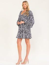 WOMEN'S LONG BALLOON SLEEVE V-NECK ANIMAL PRINT TUNIC MINI DRESS