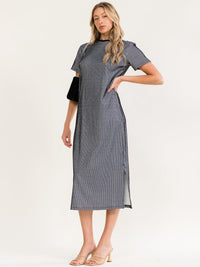 WOMEN'S SHORT SLEEVE SIDE SLIT COLORBLOCK STRIPES MAXI DRESS