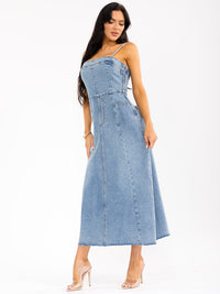 WOMEN'S SLEEVELESS FRONT POCKETS WASHED DENIM MAXI DRESS