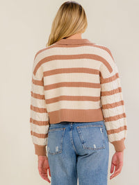 WOMEN'S LONG SLEEVE V-NECK COLORBLOCK STRIPES PULLOVER CABLE KNIT SWEATER