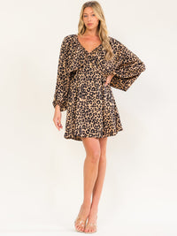 WOMEN'S LONG BALLOON SLEEVE V-NECK ANIMAL PRINT TUNIC MINI DRESS