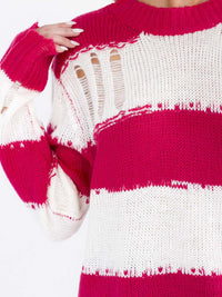 WOMEN'S LONG SLEEVE COLORBLOCK STRIPES PULLOVER KNIT DISTRESS SWEATER