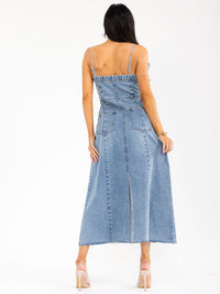 WOMEN'S SLEEVELESS FRONT POCKETS WASHED DENIM MAXI DRESS