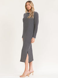 WOMEN'S LONG SLEEVE SIDE SLIT COLORBLOCK STRIPES MAXI DRESS