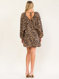 WOMEN'S LONG BALLOON SLEEVE V-NECK ANIMAL PRINT TUNIC MINI DRESS