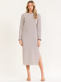 WOMEN'S LONG SLEEVE SIDE SLIT COLORBLOCK STRIPES MAXI DRESS