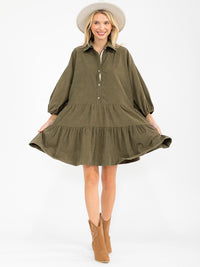 WOMEN'S LONG SLEEVE FRONT POCKETS BUTTON UP TIERED LOOSE FIT MINI DRESS