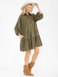 WOMEN'S LONG SLEEVE FRONT POCKETS BUTTON UP TIERED LOOSE FIT MINI DRESS