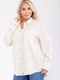 PLUS SIZE LONG SLEEVE BUTTON UP FRONT POCKET DETAILED BLOUSE
