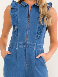 WOMEN'S SLEEVELESS ZIP UP POCKETS SKINNY LEG STRETCH DENIM JUMPSUIT