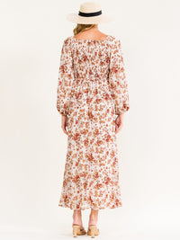 WOMEN'S LONG SLEEVE SMOCK SELF TIE FLORAL PRINT MAXI DRESS