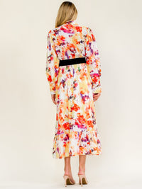 WOMEN'S LONG SLEEVE BUTTON UP BRLTED FLORAL MAXI DRESS