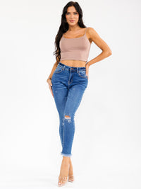 WOMEN'S BUTTON CLOSURE POCKETS DISTRESS SKINNY STRETCH DENIM PANTS