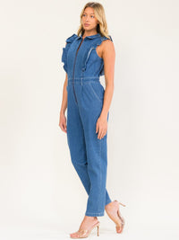 WOMEN'S SLEEVELESS ZIP UP POCKETS SKINNY LEG STRETCH DENIM JUMPSUIT