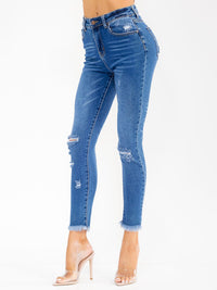 WOMEN'S BUTTON CLOSURE POCKETS DISTRESS SKINNY STRETCH DENIM PANTS
