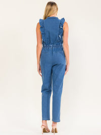 WOMEN'S SLEEVELESS ZIP UP POCKETS SKINNY LEG STRETCH DENIM JUMPSUIT