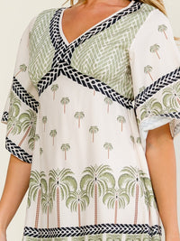 WOMEN'S SHORT SLEEVE V-NECK ELASTIC WAIST MULTI PRINT MIDI DRESS