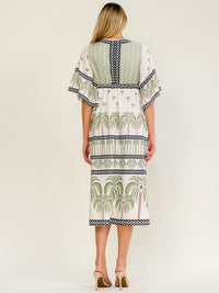 WOMEN'S SHORT SLEEVE V-NECK ELASTIC WAIST MULTI PRINT MIDI DRESS