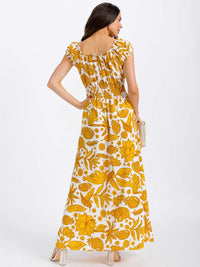 WOMEN'S SHORT SLEEVE SMOCK WAIST FLORAL MAXI DRESS