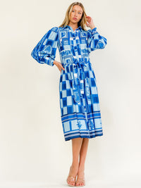 WOMEN'S LONG SLEEVE BUTTON UP SELF TIE MULTI PRINT MIDI DRESS