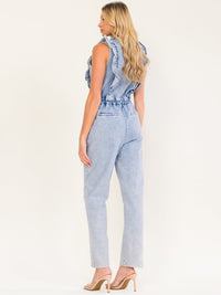 WOMEN'S SLEEVELESS ZIP UP POCKETS SKINNY LEG STRETCH DENIM JUMPSUIT