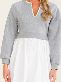 WOMEN'S LONG SLEEVE V-NECK POCKETS COLORBLOCK CONTRAST MIDI DRESS