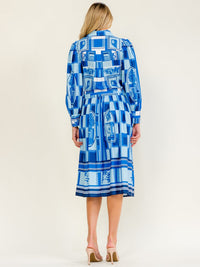 WOMEN'S LONG SLEEVE BUTTON UP SELF TIE MULTI PRINT MIDI DRESS