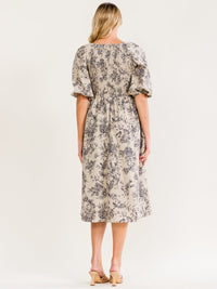 WOMEN'S SHORT PUFF SLEEVE SMOCK FRONT POCKETS FLORAL PRINT MIDI DRESS